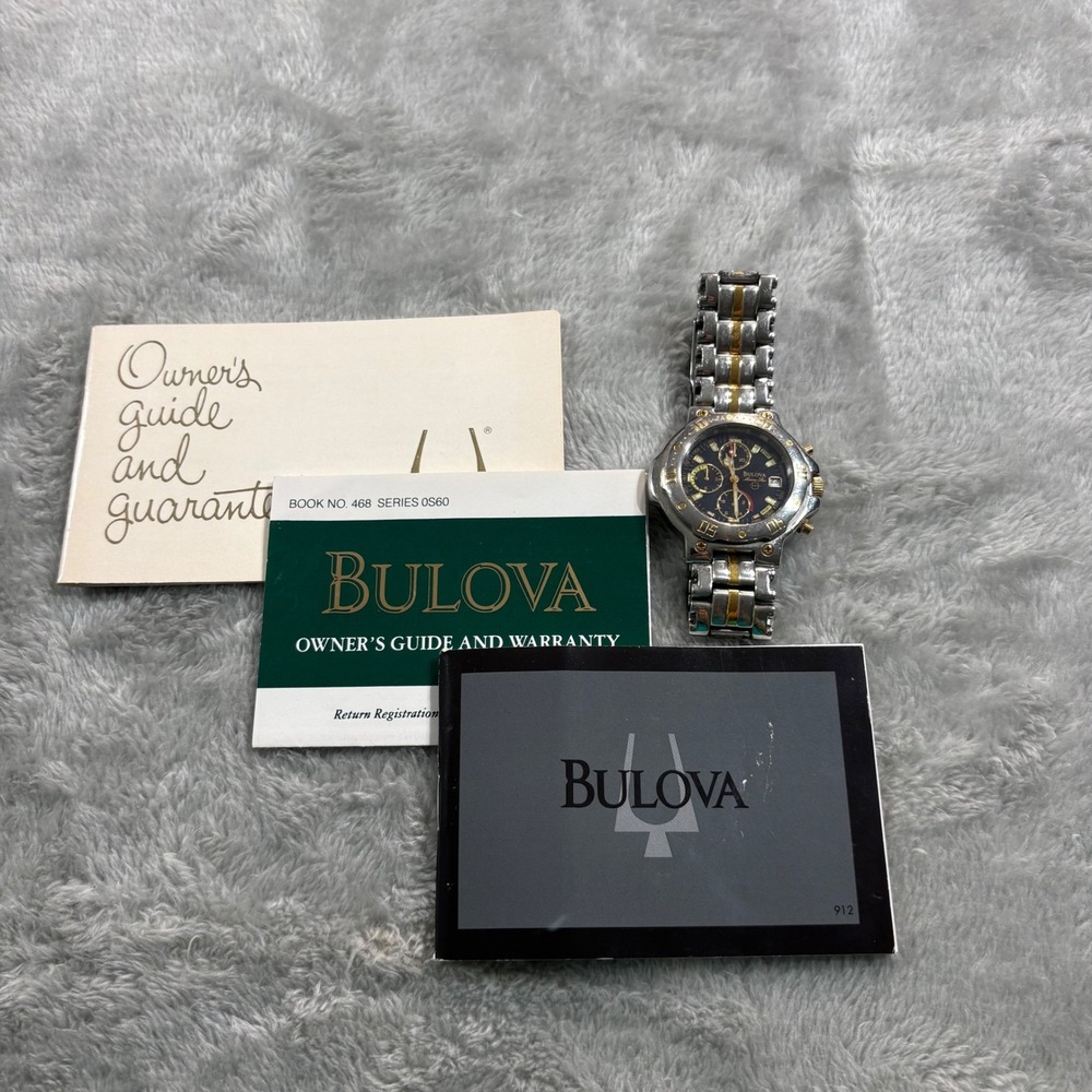 Bulova Marine Star Watch Men OS60 Blue Dial Silver Gold Chronograph Tachymeter